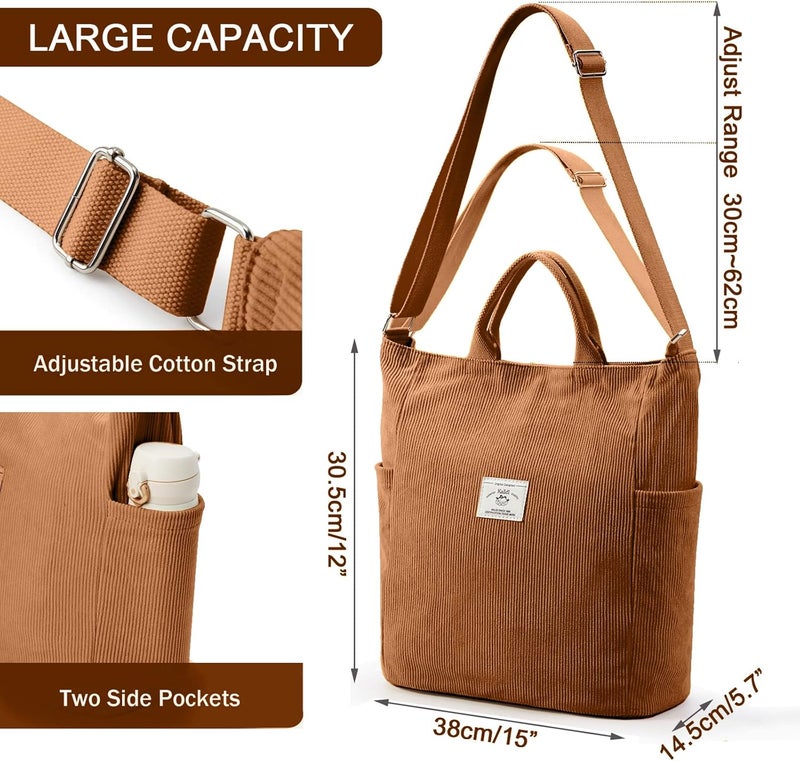 KALIDI Corduroy Tote Bag, Large Messenger Bag Shoulder Hobo Anti Splash Crossbody Zipper Bag Casual Work Shopping Women - Image 5